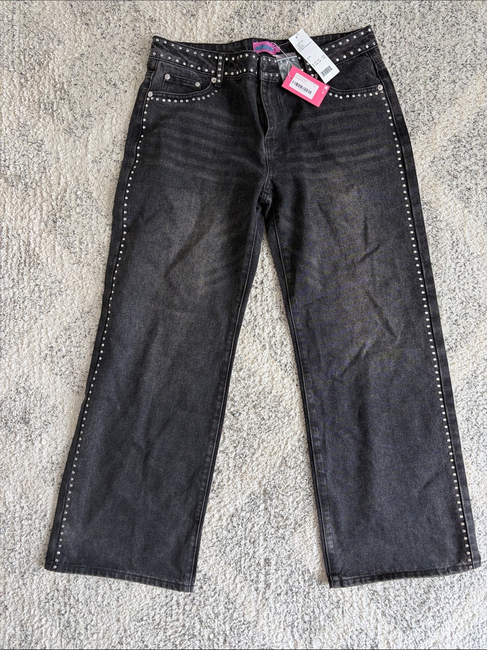 NWT Edikted Quincy Studded Black Wash Low Rise Wide Leg Jeans Size L
